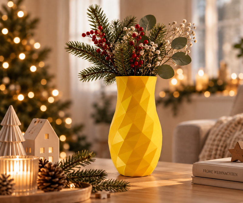 Weihnachtsvase Alpenglühen in Gold mit Zweigen vor dem Weihnachtsbaum