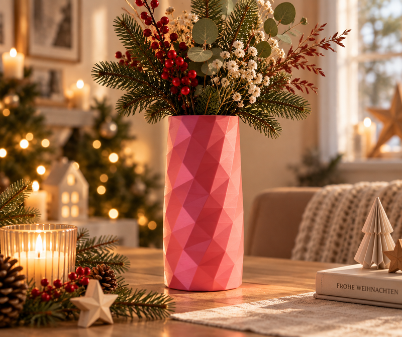 Weihnachtsvase Kristall in Rot mit Zweigen vor dem Weihnachtsbaum