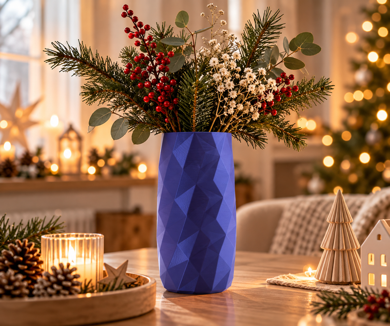 Weihnachtsvase Nordlicht in Blau mit Zweigen vor dem Weihnachtsbaum