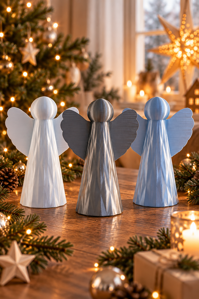 Engel Valentin – 3D-gedruckte Weihnachtsengel in Silbertönen auf dem Weihnachtstisch